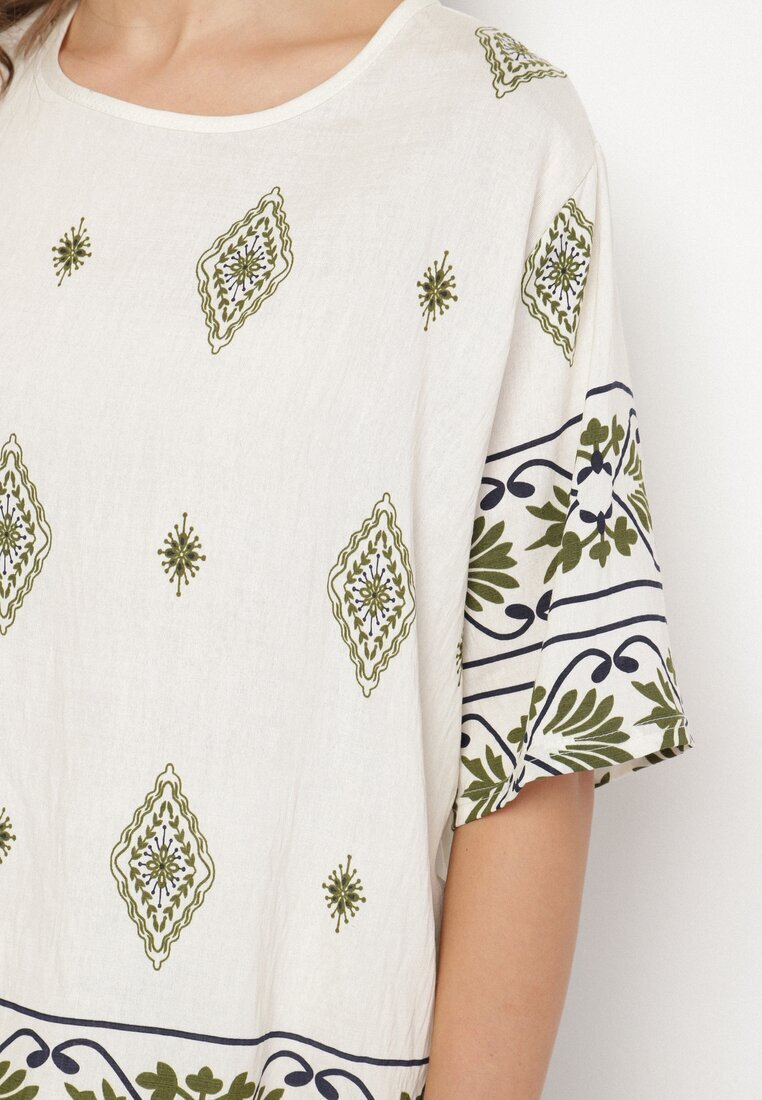 j&x Set din viscoză bej și verde închis în Stil Boho cu Pantaloni largi și Bluză tricou Sarilorae