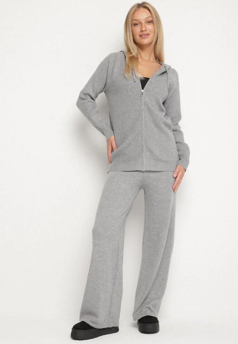 j&x Set Gri închis Din tricot Cu lână Bluză cu glugă și Pantaloni largi Otisela