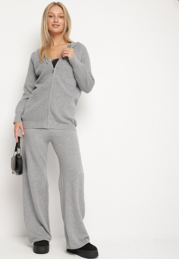 j&x Set Gri închis Din tricot Cu lână Bluză cu glugă și Pantaloni largi Otisela