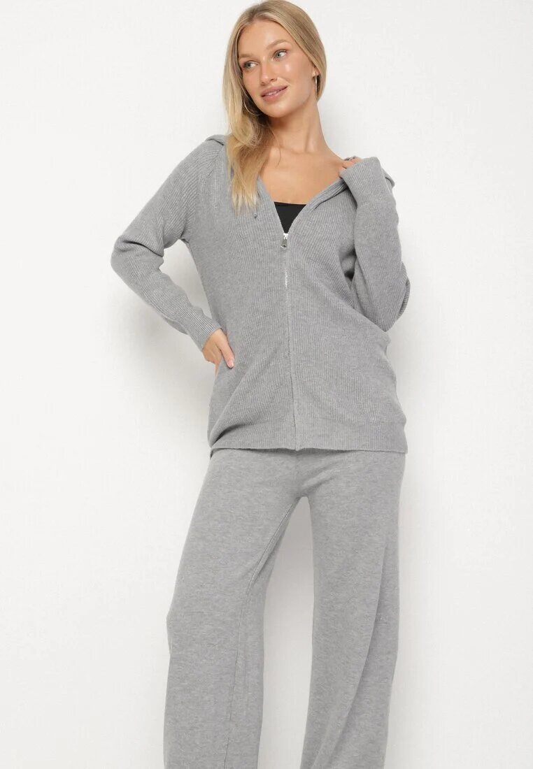 j&x Set Gri închis Din tricot Cu lână Bluză cu glugă și Pantaloni largi Otisela