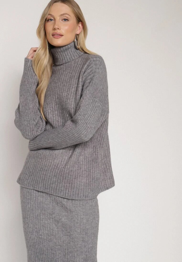 j&x Set Gri Tricotat cu Lână Pulover Maletă și Fustă Creion Falovira