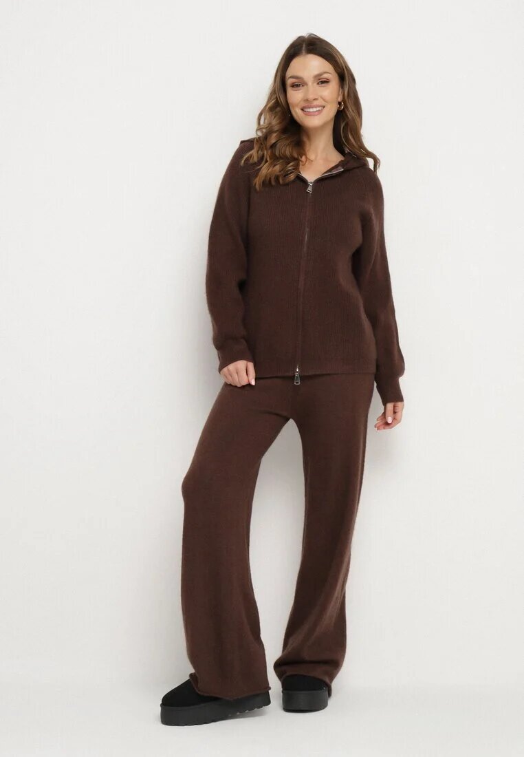 j&x Set Maro cu Lână și Bumbac Pantaloni Largi și Bluză cu Fermoar și Glugă Reikania