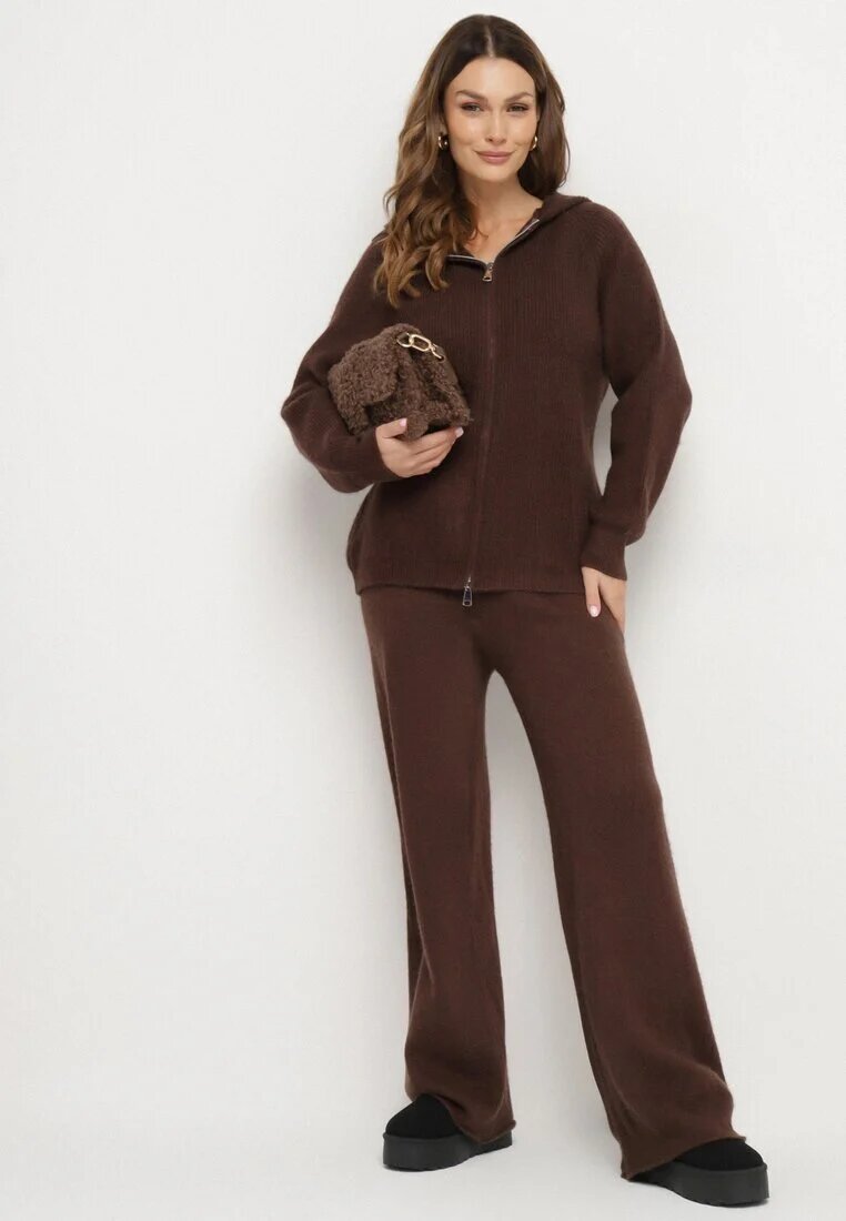 j&x Set Maro cu Lână și Bumbac Pantaloni Largi și Bluză cu Fermoar și Glugă Reikania
