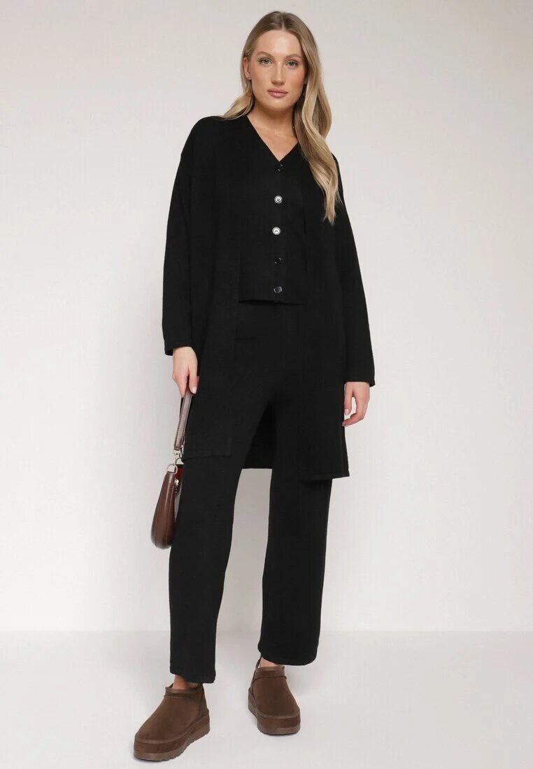 j&x Set Negru din Tricot cu Lână Pantaloni Cardigan și Vestă cu Nasturi Meviseffa