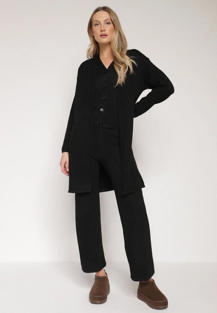j&x Set Negru din Tricot cu Lână Pantaloni Cardigan și Vestă cu Nasturi Meviseffa