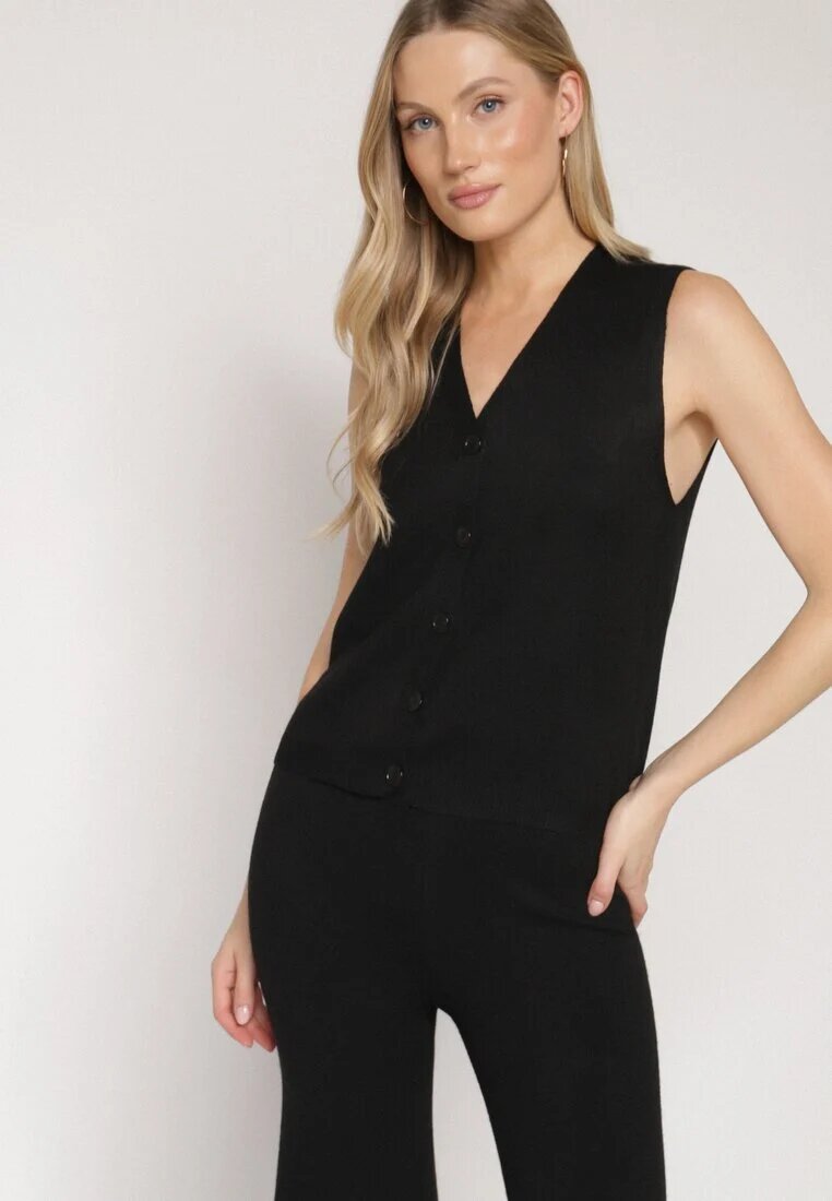 j&x Set Negru din Tricot cu Lână Pantaloni Cardigan și Vestă cu Nasturi Meviseffa