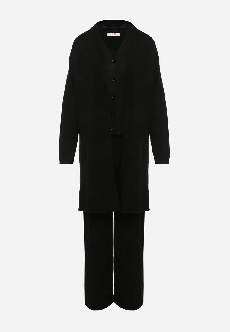 j&x Set Negru din Tricot cu Lână Pantaloni Cardigan și Vestă cu Nasturi Meviseffa