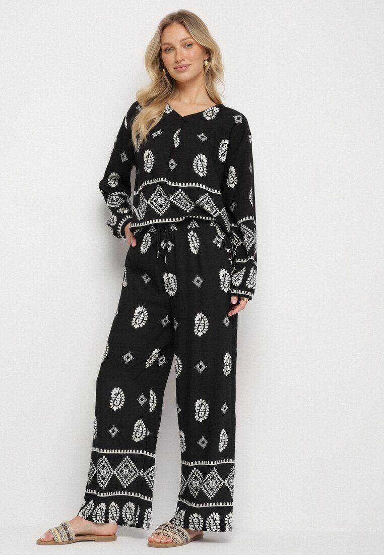 j&x Set Negru în Stil Rustic Bluză Lejeră și Pantaloni din Viscoză Emilaris
