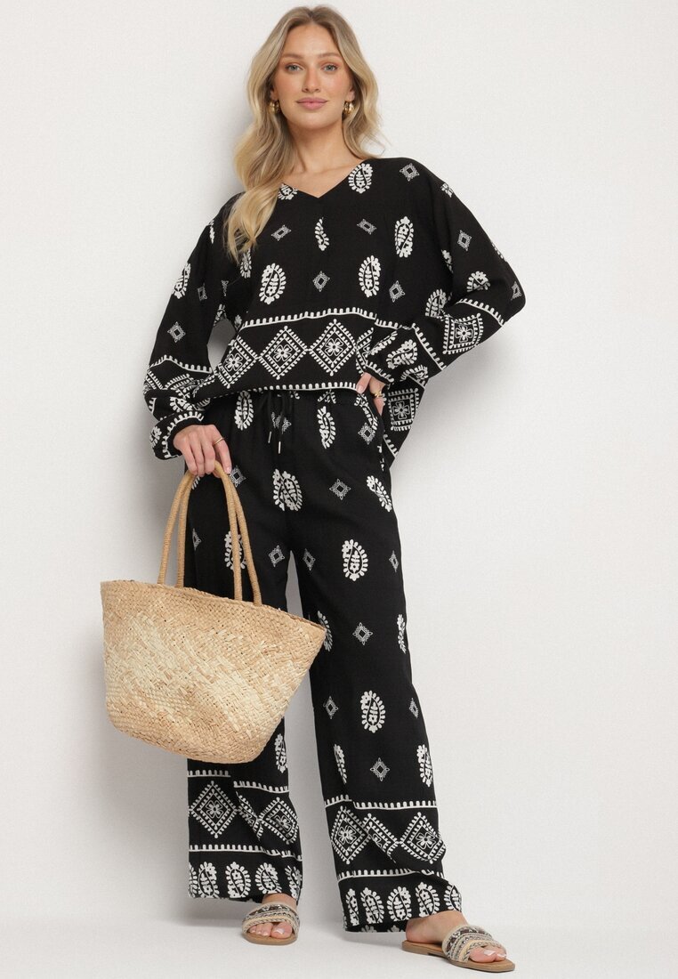 j&x Set Negru în Stil Rustic Bluză Lejeră și Pantaloni din Viscoză Emilaris