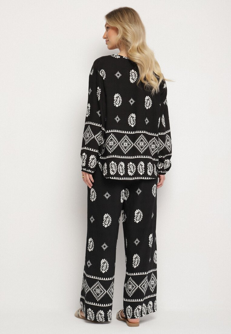 j&x Set Negru în Stil Rustic Bluză Lejeră și Pantaloni din Viscoză Emilaris