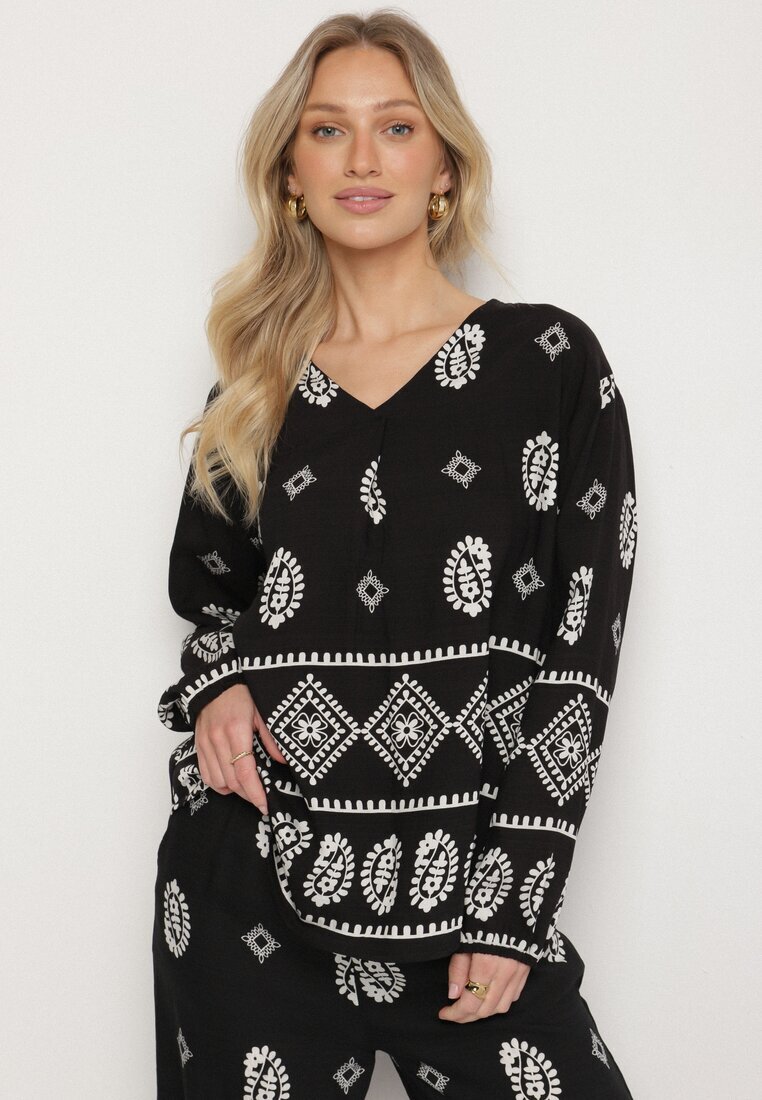 j&x Set Negru în Stil Rustic Bluză Lejeră și Pantaloni din Viscoză Emilaris