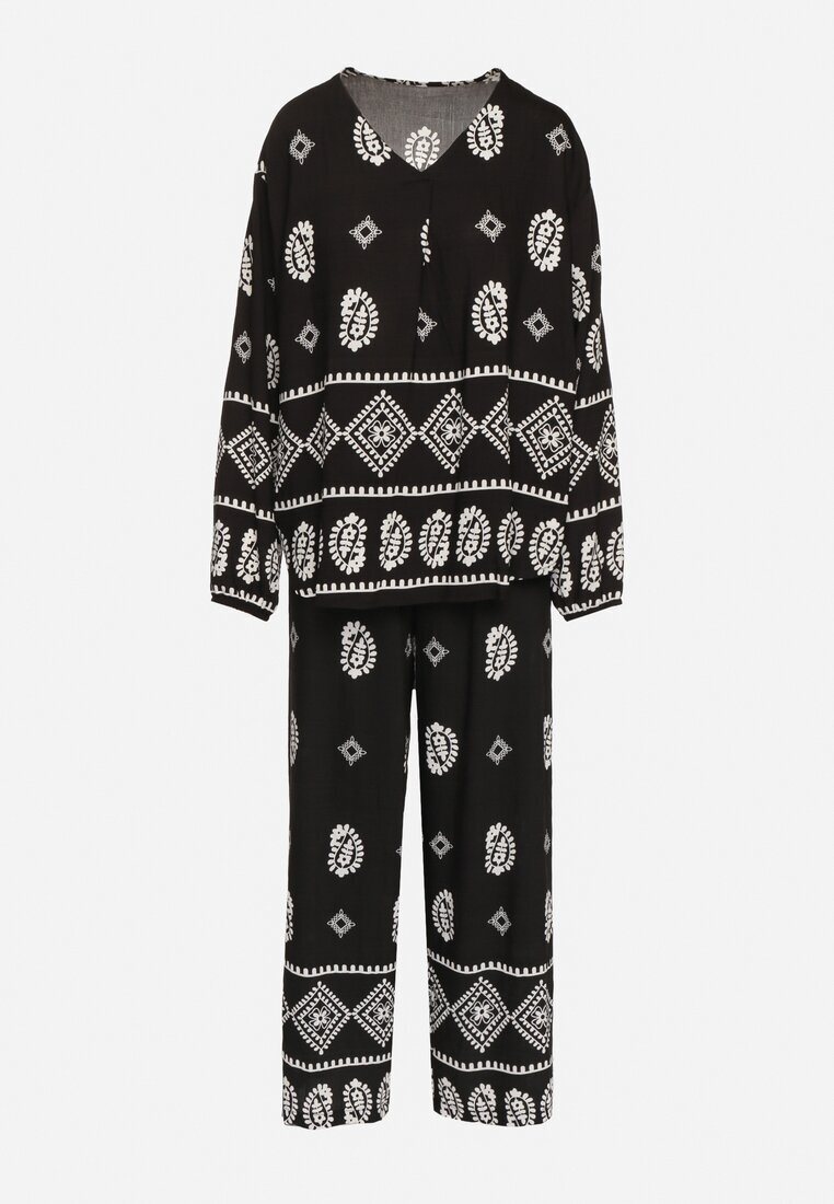 j&x Set Negru în Stil Rustic Bluză Lejeră și Pantaloni din Viscoză Emilaris
