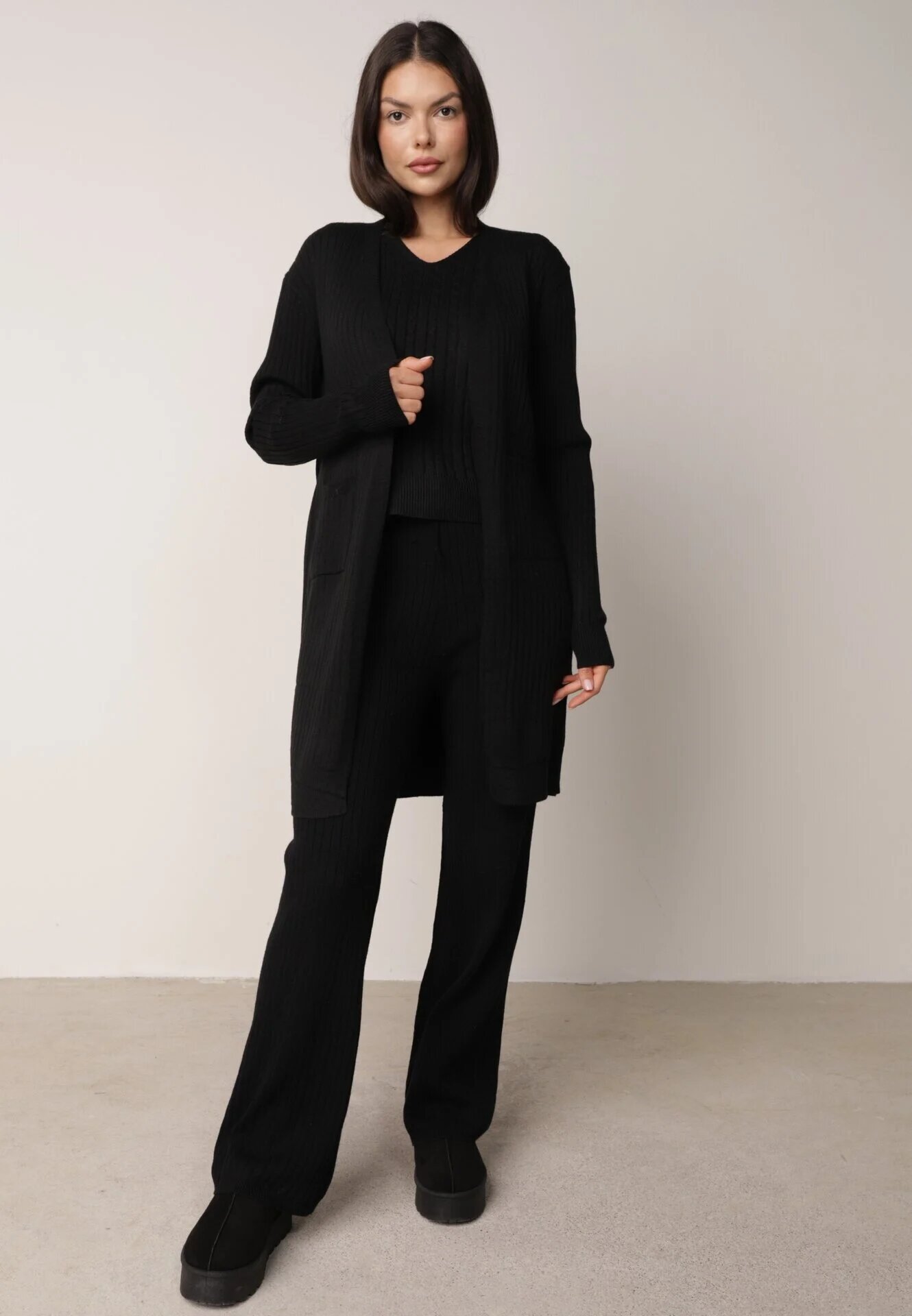 j&x Set Negru Tricotat din Bumbac Pantaloni Vestă și Cardigan Lung Meviravia