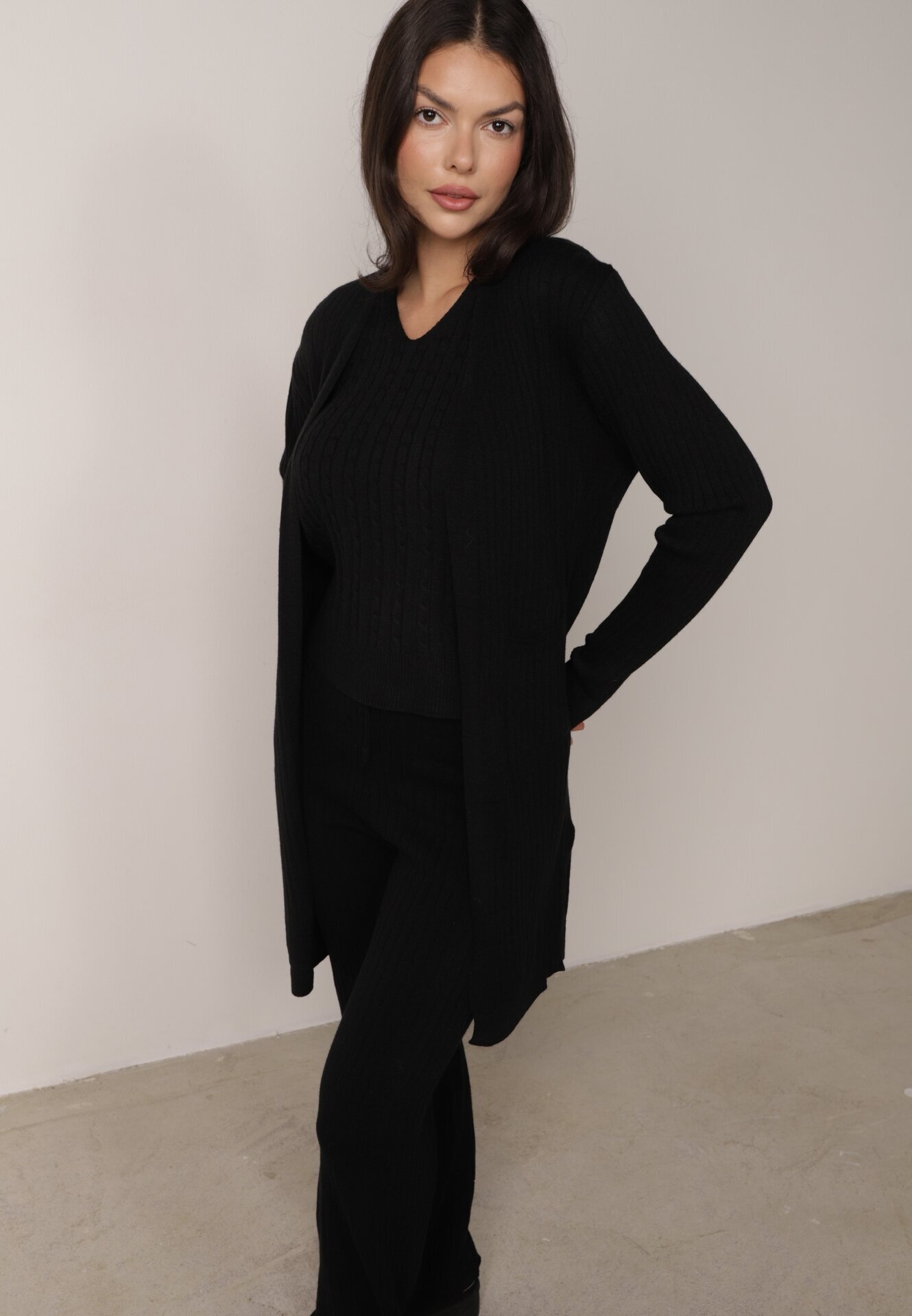 j&x Set Negru Tricotat din Bumbac Pantaloni Vestă și Cardigan Lung Meviravia