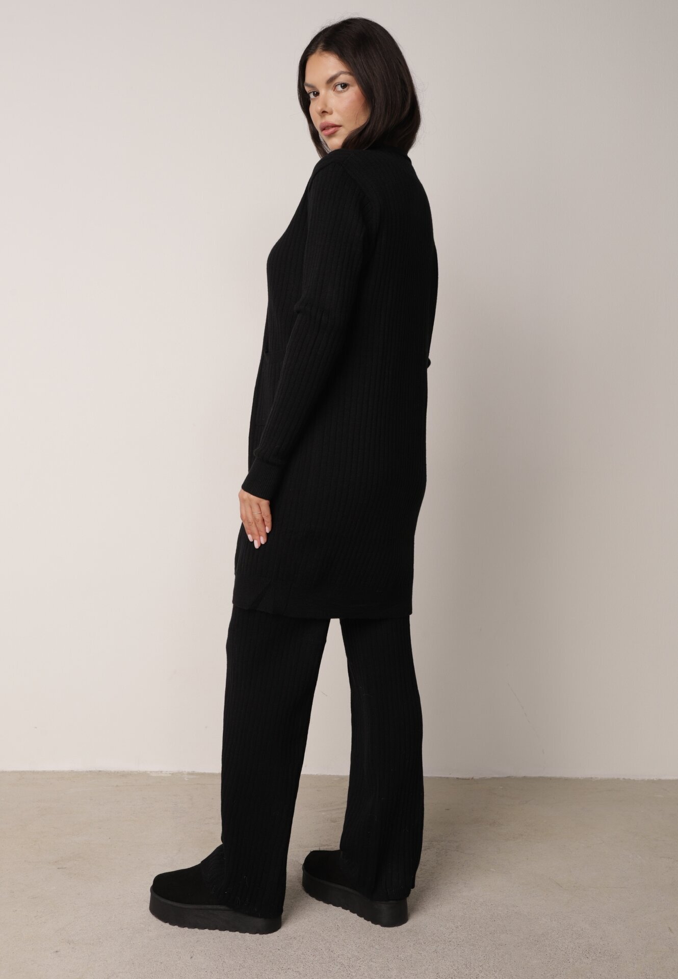 j&x Set Negru Tricotat din Bumbac Pantaloni Vestă și Cardigan Lung Meviravia