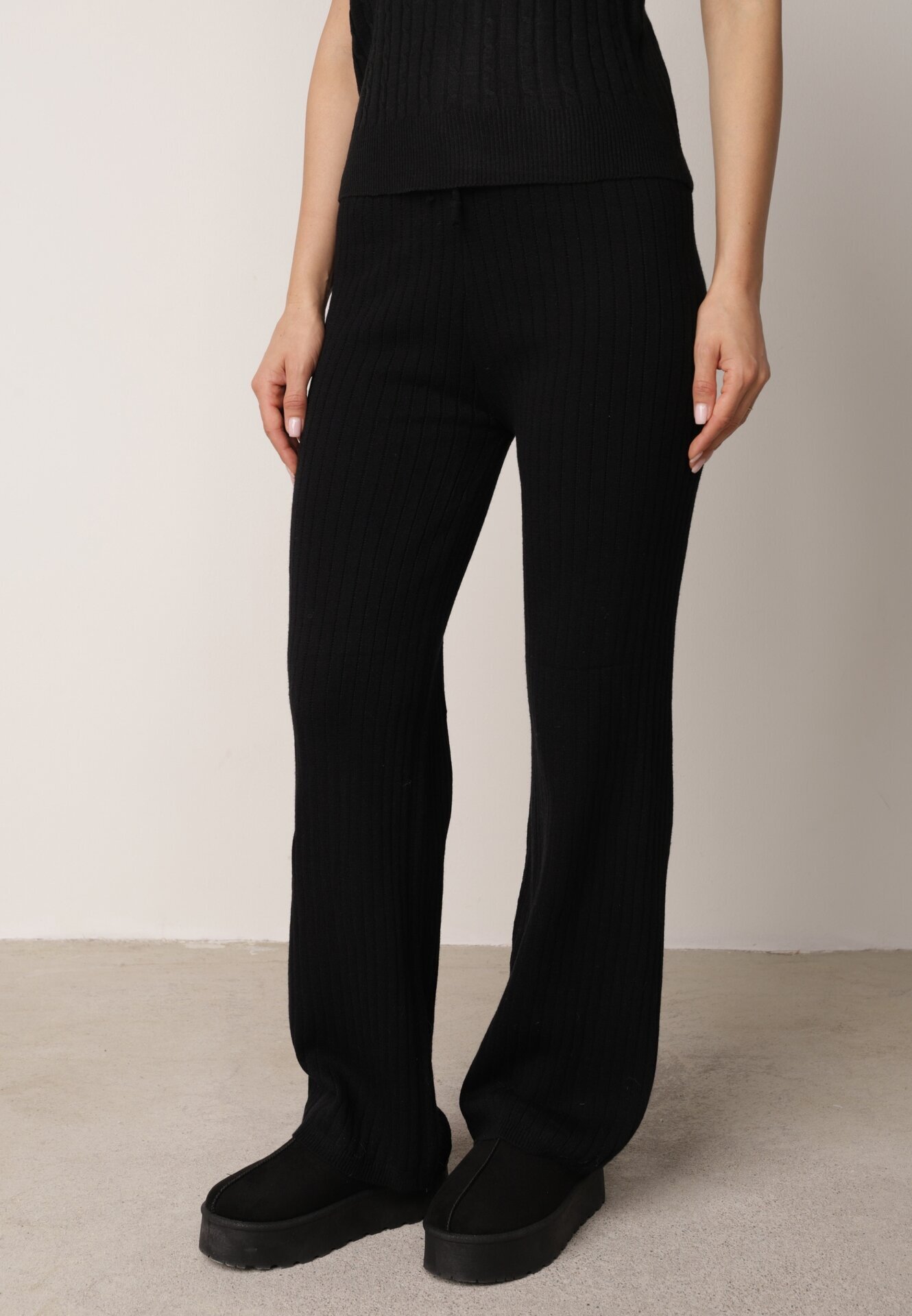j&x Set Negru Tricotat din Bumbac Pantaloni Vestă și Cardigan Lung Meviravia