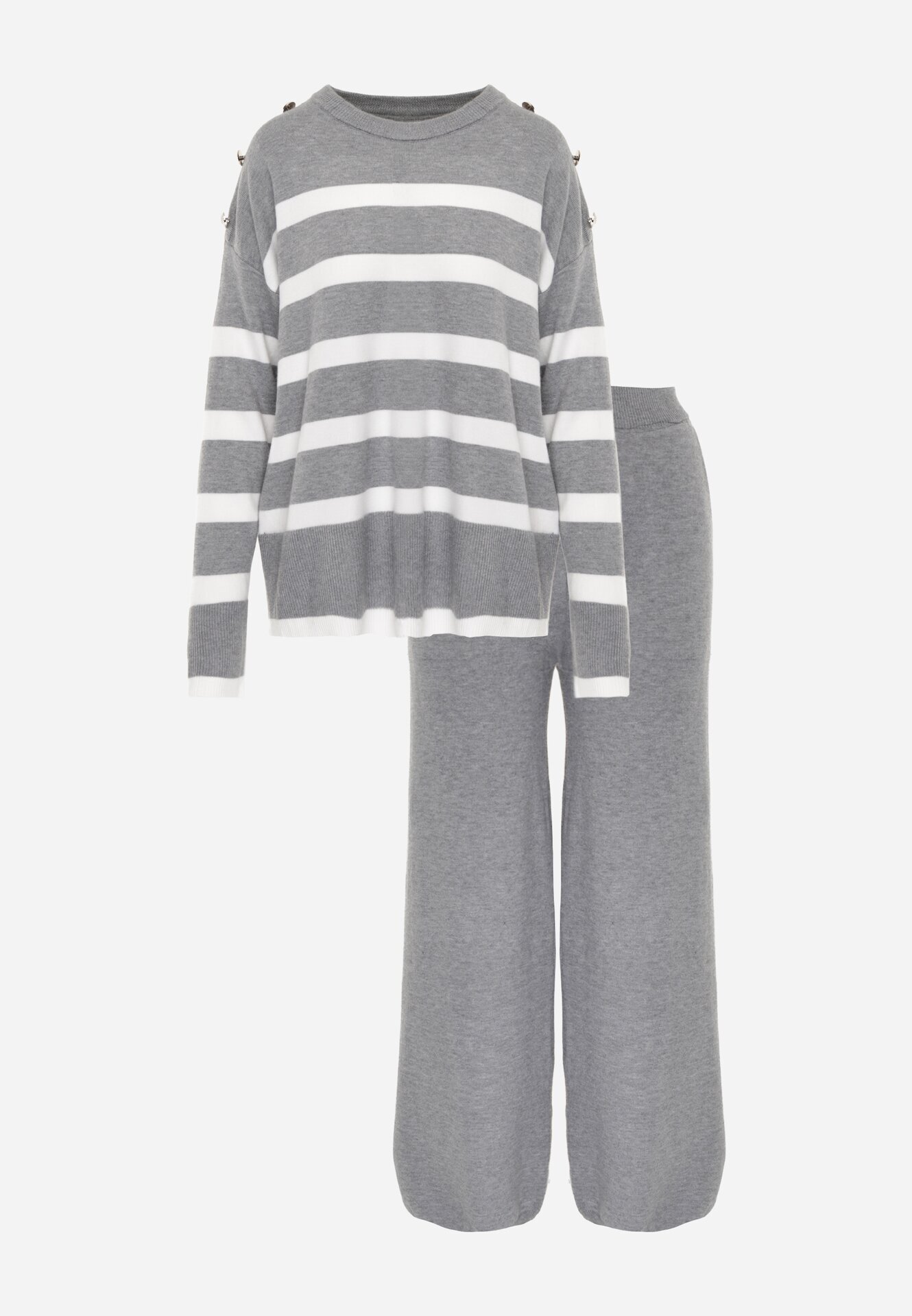 j&x Set tricot cu bumbac pulover în dungi cu nasturi decorativi și pantaloni Tiuves Gri