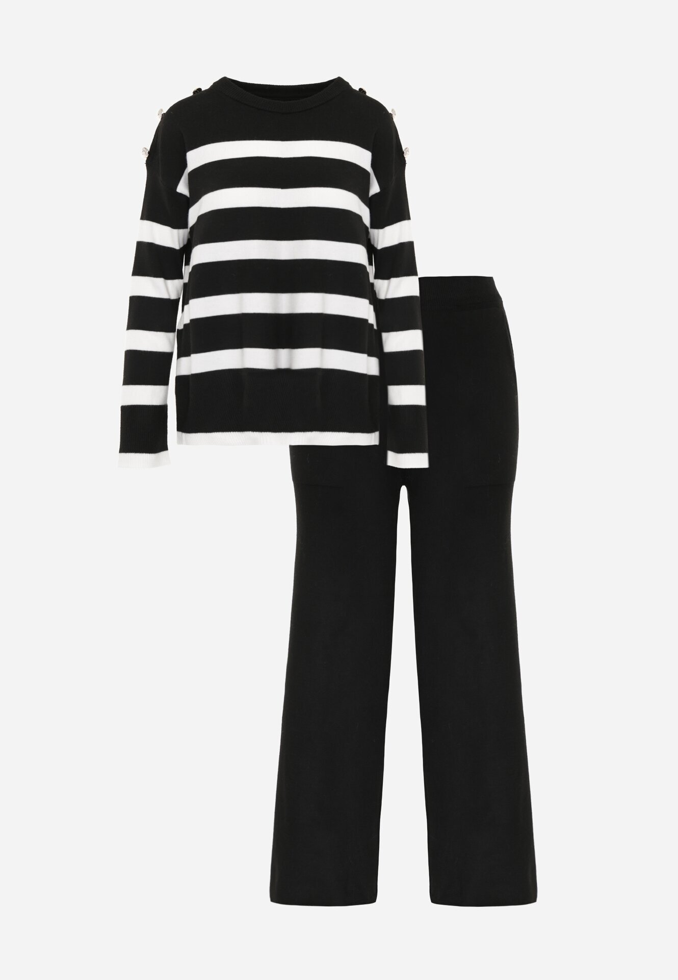 j&x Set tricot cu bumbac pulover în dungi cu nasturi decorativi și pantaloni Tiuves Negru