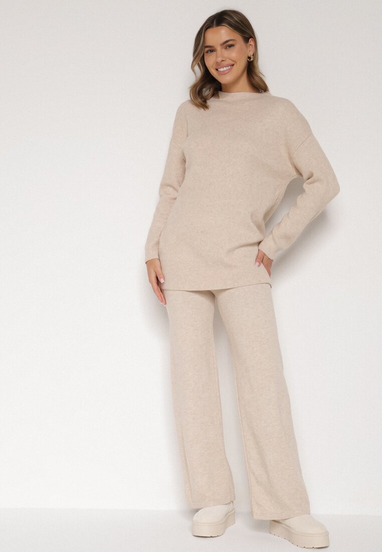 j&x Set tricotat Bej cu bumbac și lână Pulover lung și Pantaloni largi Reinesa