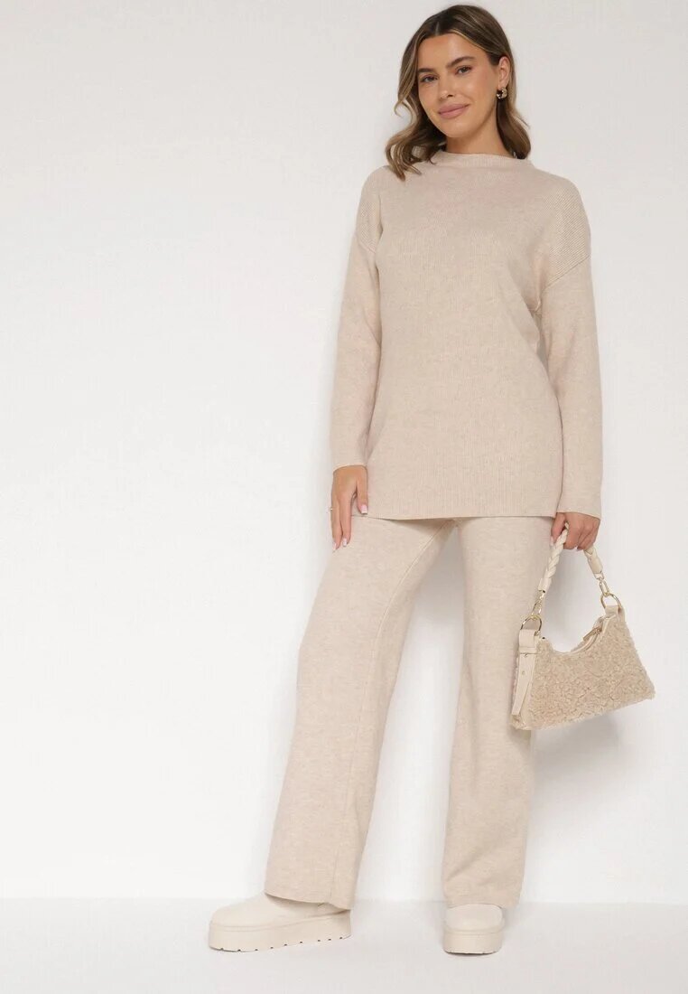 j&x Set tricotat Bej cu bumbac și lână Pulover lung și Pantaloni largi Reinesa