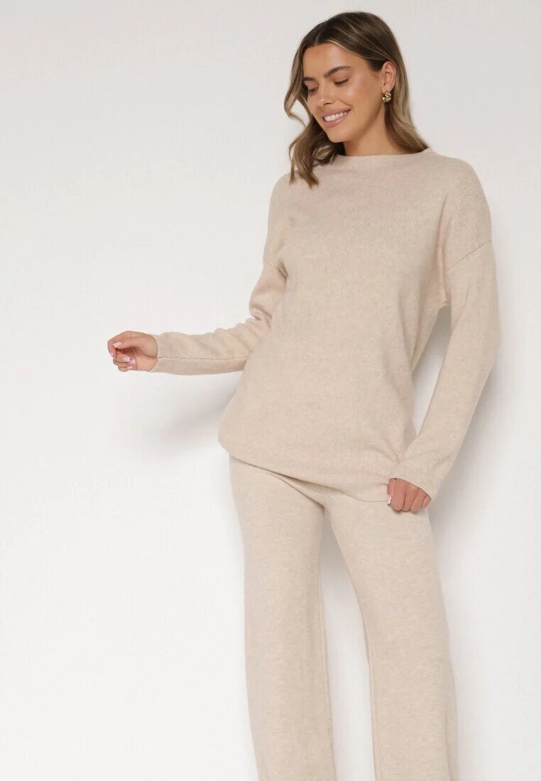 j&x Set tricotat Bej cu bumbac și lână Pulover lung și Pantaloni largi Reinesa