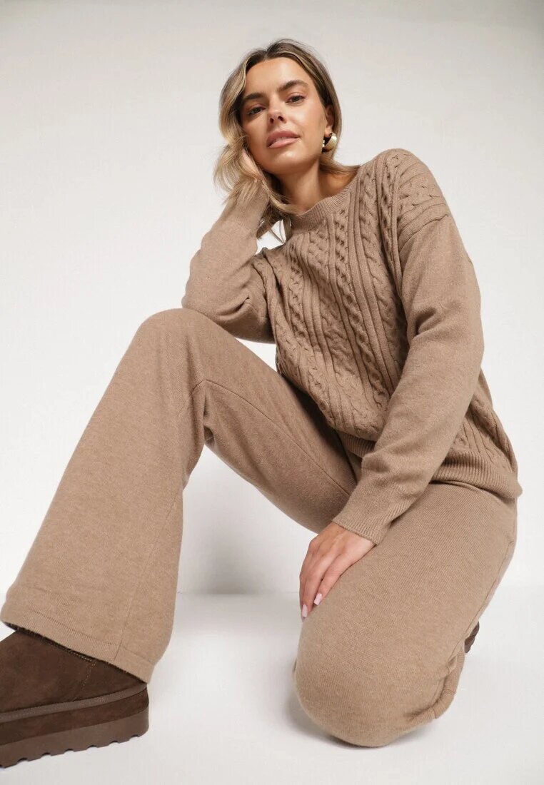 j&x Set Tricotat Bej închis cu bumbac și lână Pantaloni și Pulover împletit Errela