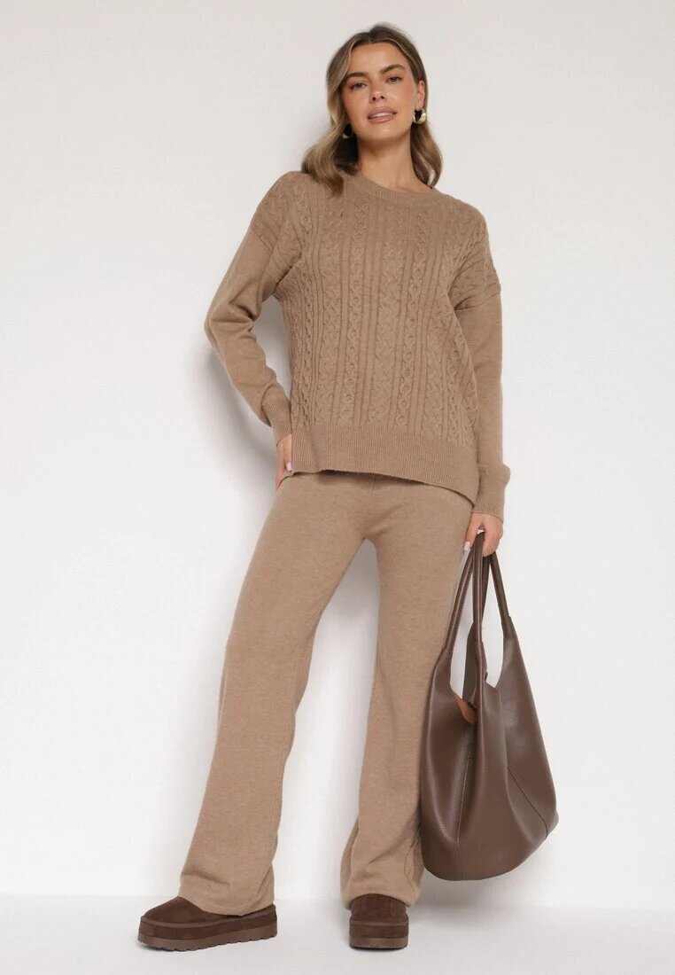 j&x Set Tricotat Bej închis cu bumbac și lână Pantaloni și Pulover împletit Errela