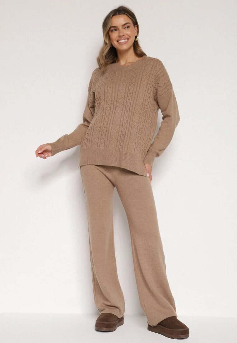 j&x Set Tricotat Bej închis cu bumbac și lână Pantaloni și Pulover împletit Errela