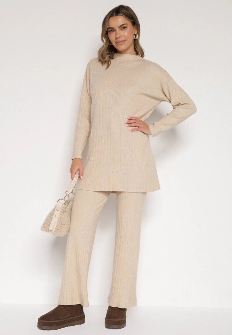 j&x Set Tricotat Bej Reiat cu Bumbac Pulover cu Semiguler și Pantaloni Elweda
