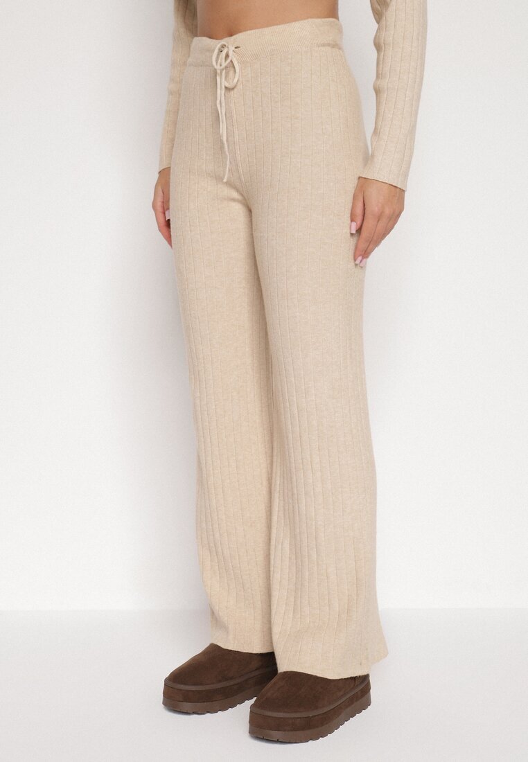 j&x Set Tricotat Bej Reiat cu Bumbac Pulover cu Semiguler și Pantaloni Elweda