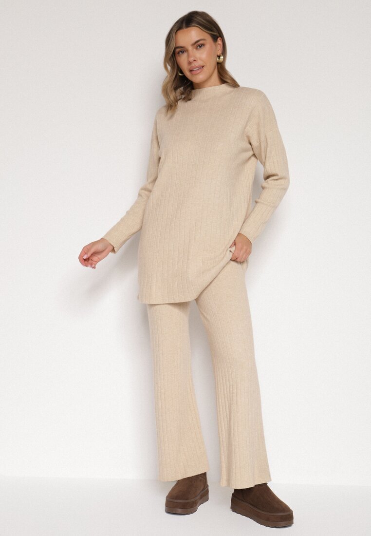 j&x Set Tricotat Bej Reiat cu Bumbac Pulover cu Semiguler și Pantaloni Elweda