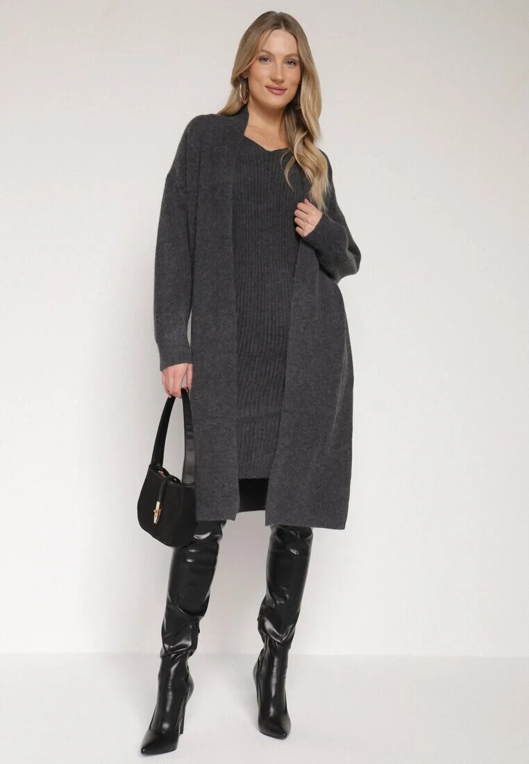 j&x Set Tricotat Gri închis cu Lână Cardigan Lung și Rochie în Dungi Falandrea