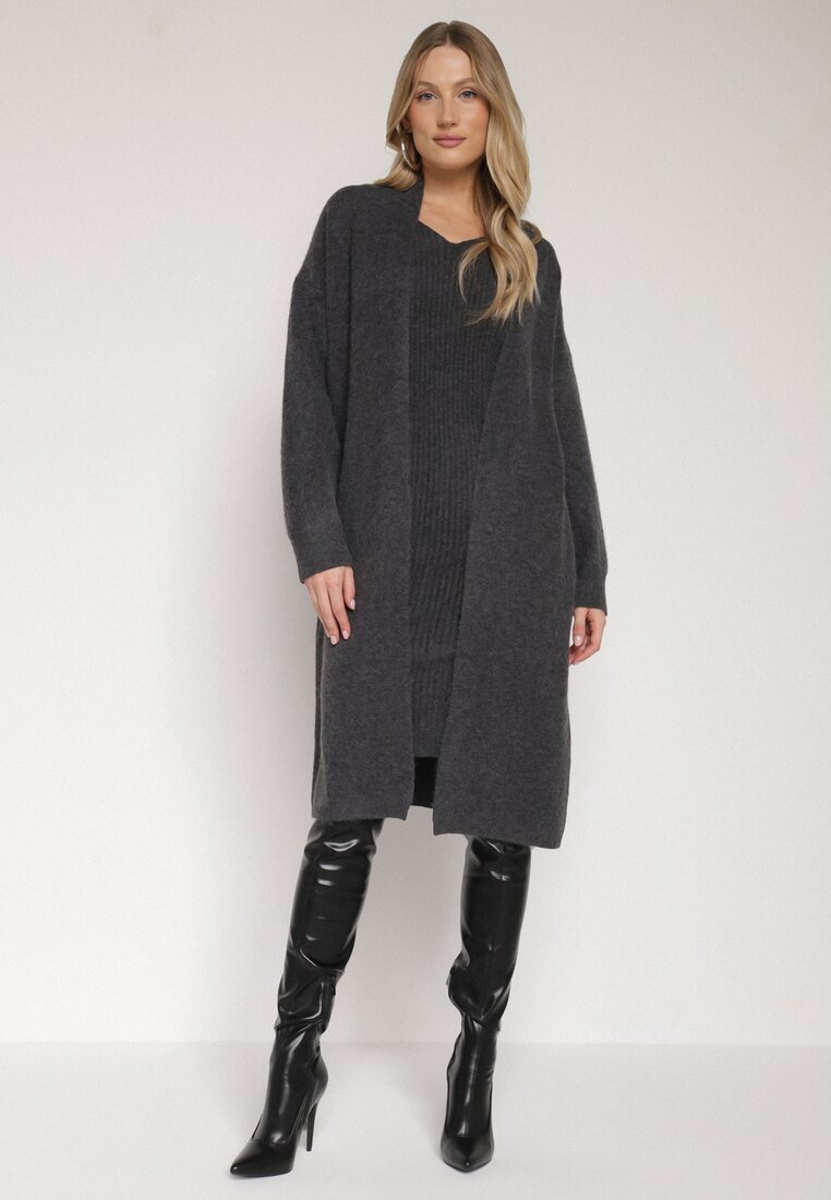 j&x Set Tricotat Gri închis cu Lână Cardigan Lung și Rochie în Dungi Falandrea