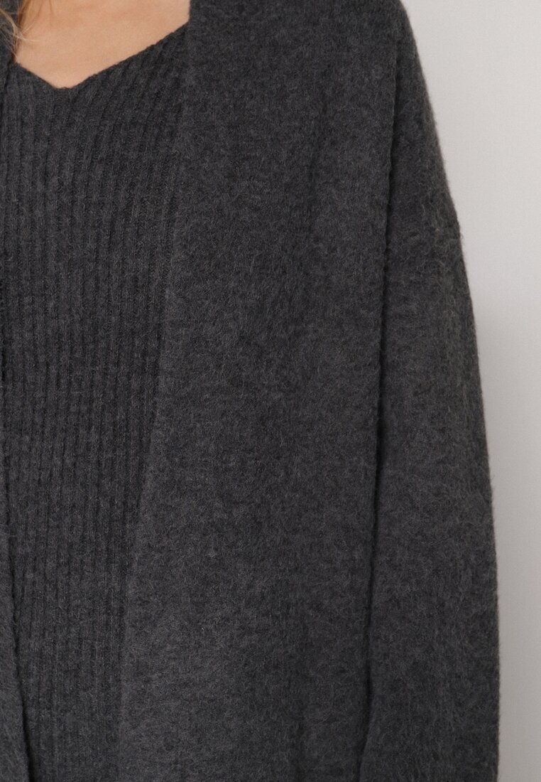 j&x Set Tricotat Gri închis cu Lână Cardigan Lung și Rochie în Dungi Falandrea