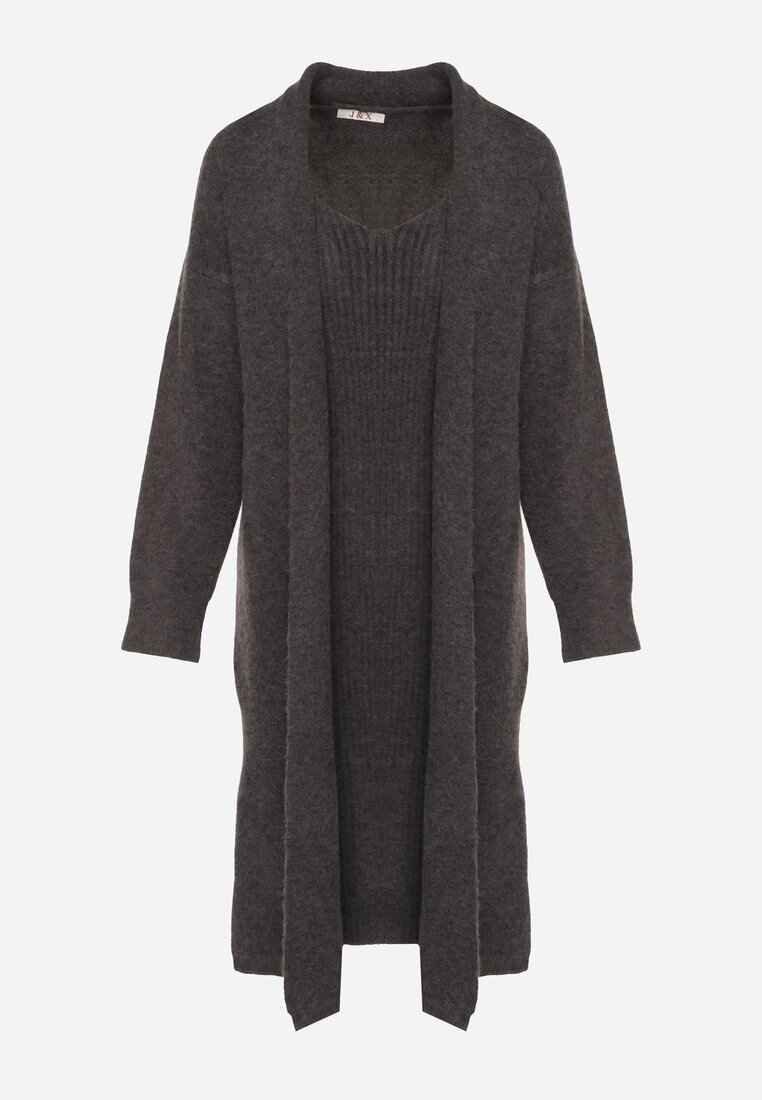 j&x Set Tricotat Gri închis cu Lână Cardigan Lung și Rochie în Dungi Falandrea