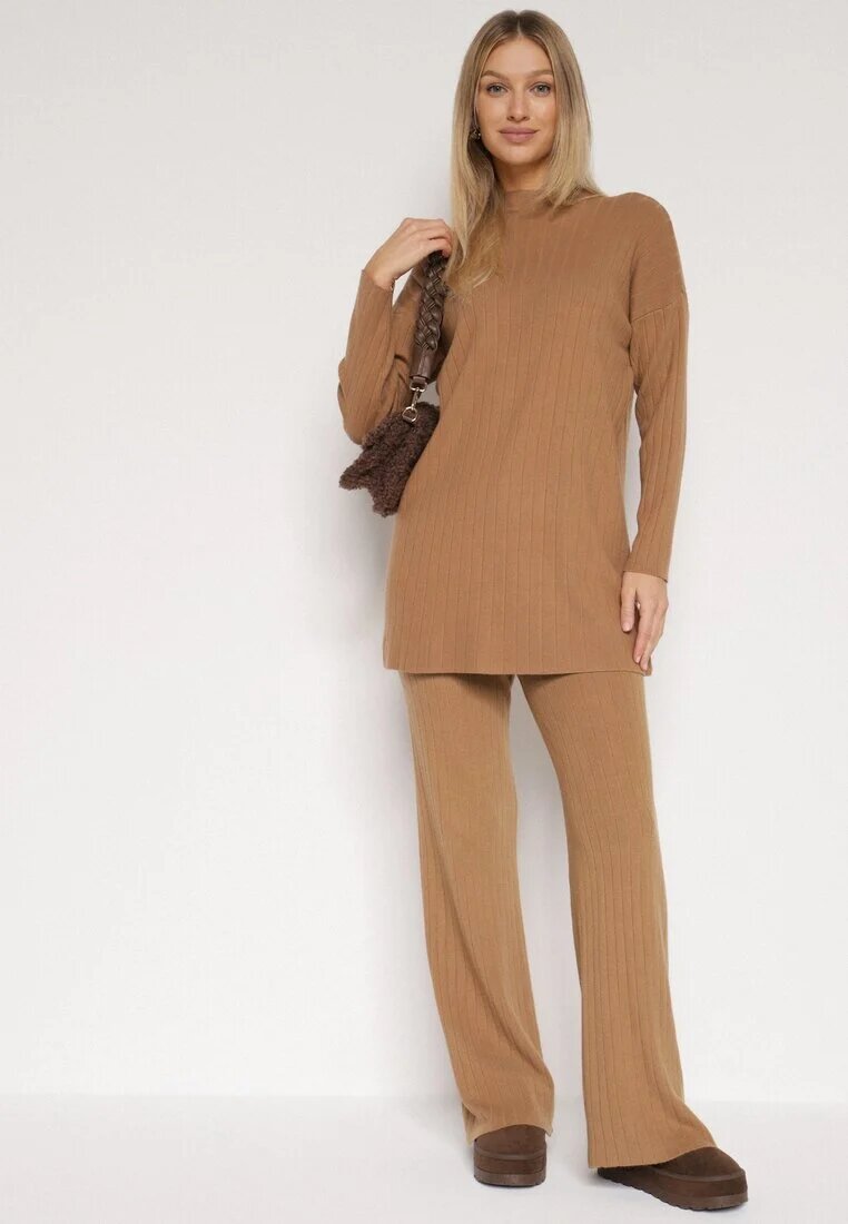 j&x Set tricotat Maro Striat cu bumbac Pulover cu semiguler și Pantaloni Elweda