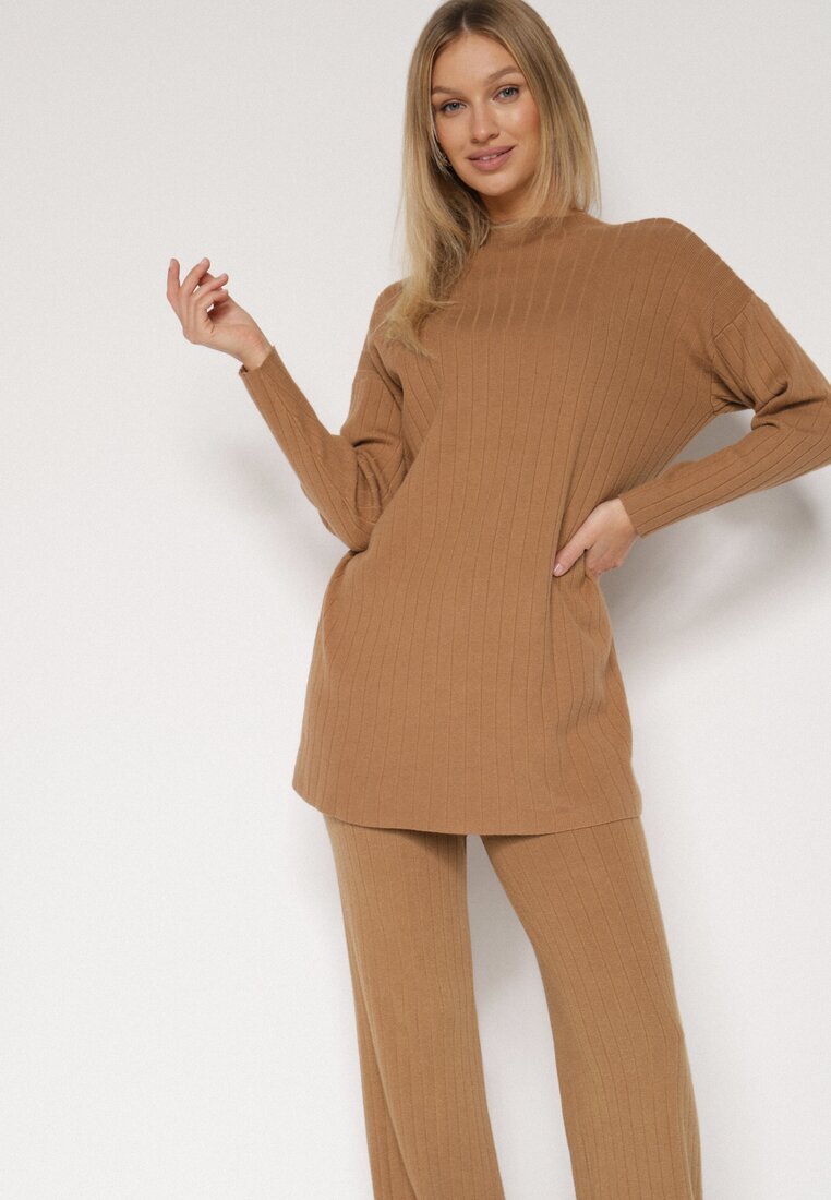 j&x Set tricotat Maro Striat cu bumbac Pulover cu semiguler și Pantaloni Elweda