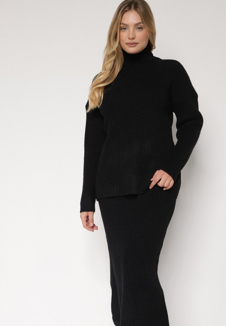 j&x Set Tricotat Negru cu Lână Pulover cu Guler înalt și Fustă Creion Falovira