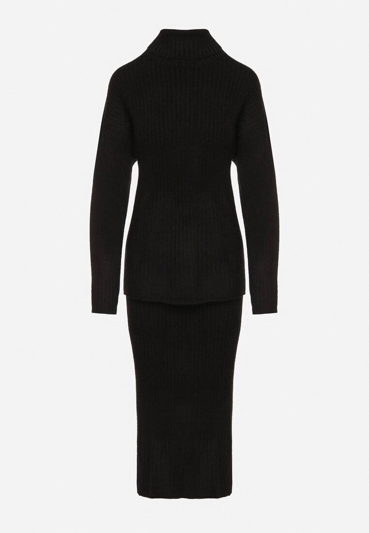 j&x Set Tricotat Negru cu Lână Pulover cu Guler înalt și Fustă Creion Falovira
