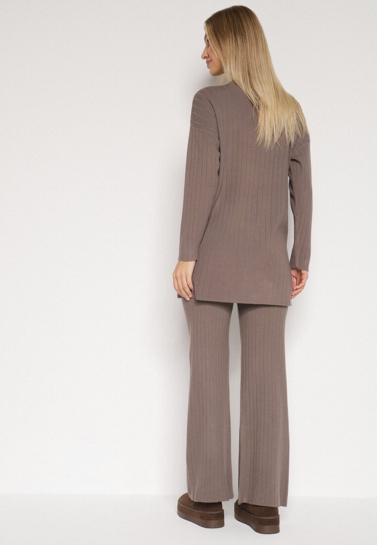 j&x Set tricotat reiat bej închis cu bumbac Pulover cu guler semi-înalt și Pantaloni Elweda