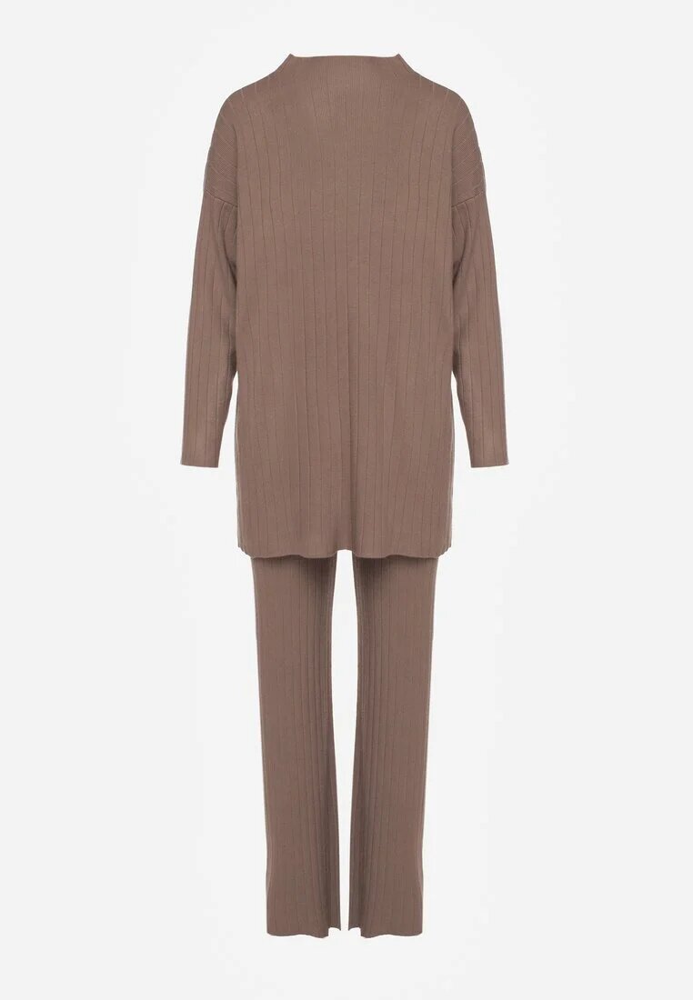 j&x Set tricotat reiat bej închis cu bumbac Pulover cu guler semi-înalt și Pantaloni Elweda