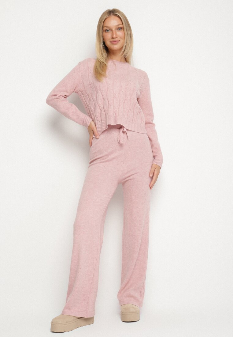 j&x Set tricotat roz deschis cu Lână și Bumbac Pulover cu Model în Relief și Pantaloni Otivra