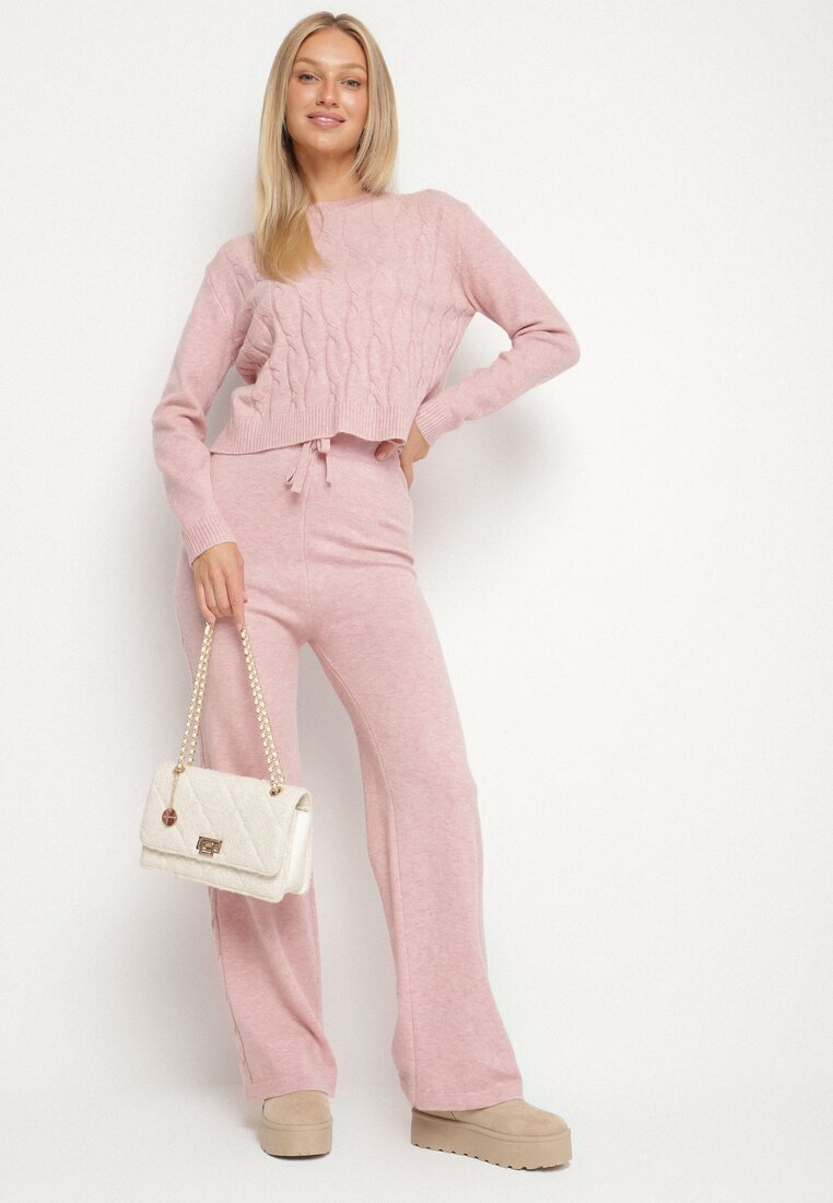 j&x Set tricotat roz deschis cu Lână și Bumbac Pulover cu Model în Relief și Pantaloni Otivra