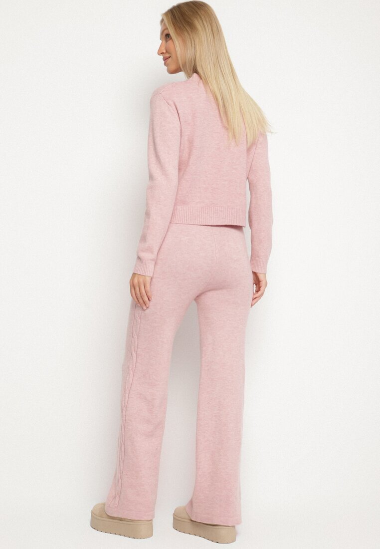 j&x Set tricotat roz deschis cu Lână și Bumbac Pulover cu Model în Relief și Pantaloni Otivra