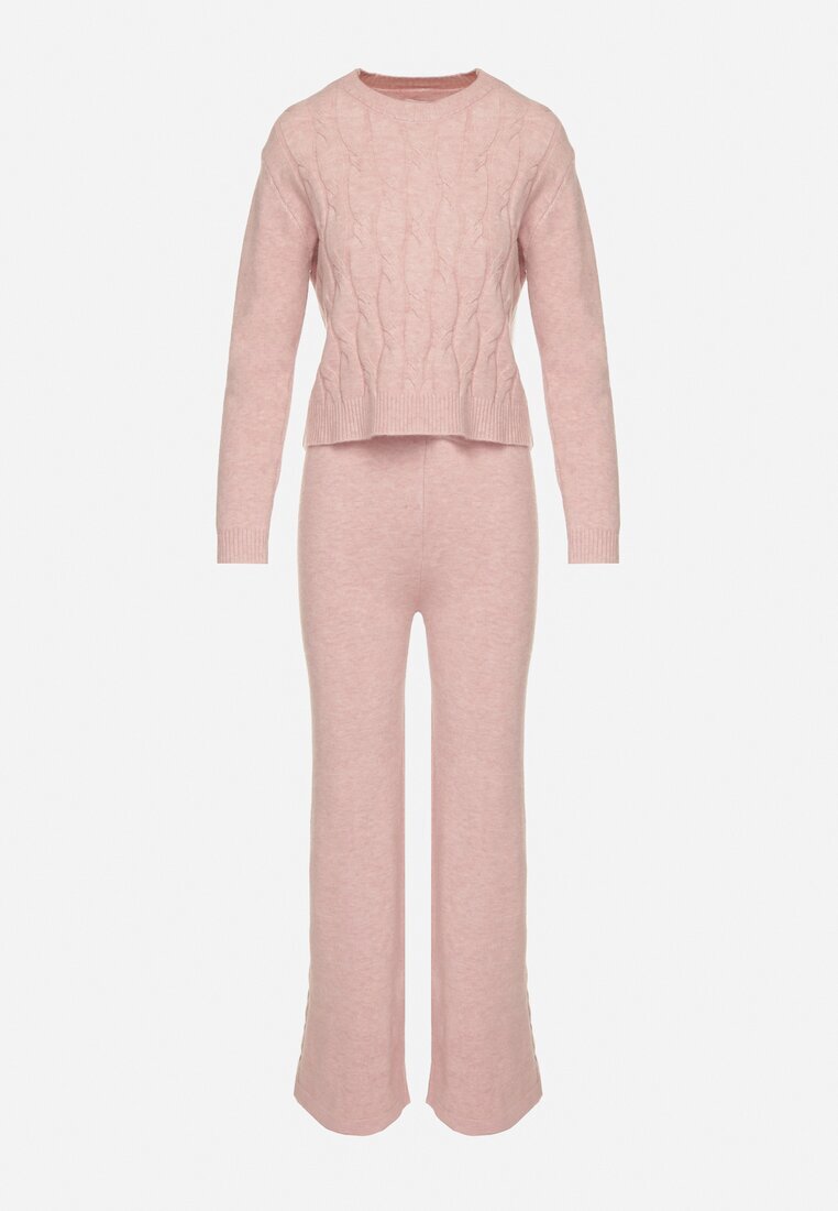 j&x Set tricotat roz deschis cu Lână și Bumbac Pulover cu Model în Relief și Pantaloni Otivra