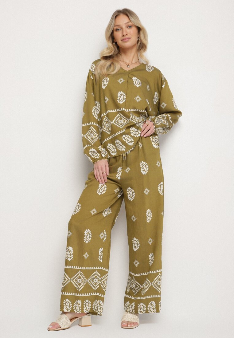 j&x Set Verde închis în Stil Rustic Bluză Lejeră și Pantaloni cu Vâscoză Emilaris