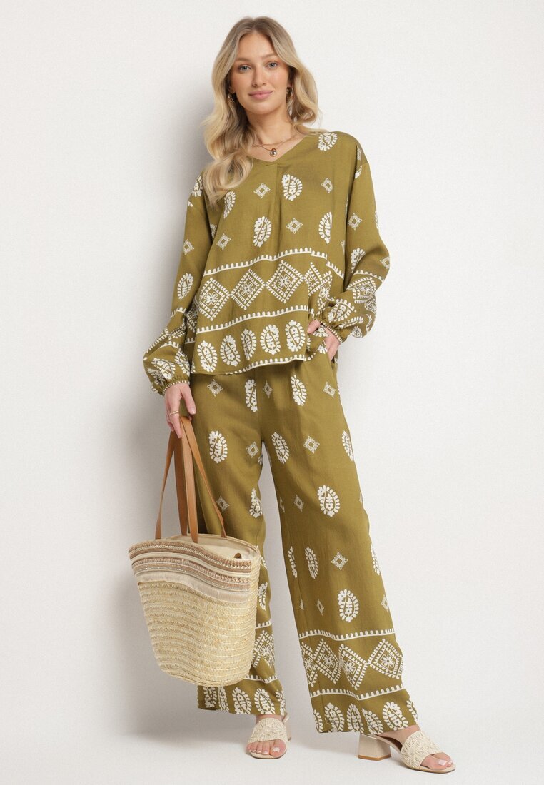 j&x Set Verde închis în Stil Rustic Bluză Lejeră și Pantaloni cu Vâscoză Emilaris