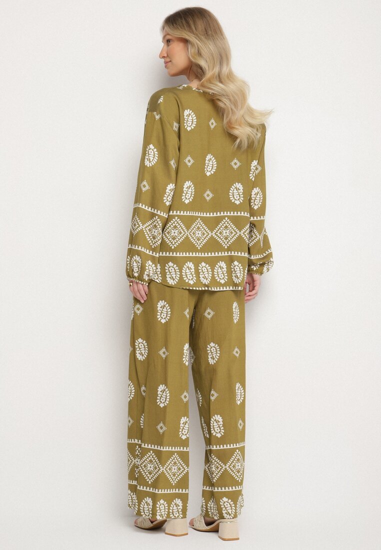j&x Set Verde închis în Stil Rustic Bluză Lejeră și Pantaloni cu Vâscoză Emilaris