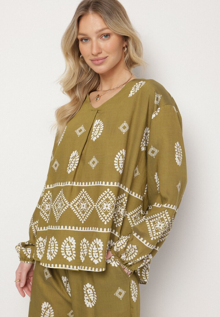 j&x Set Verde închis în Stil Rustic Bluză Lejeră și Pantaloni cu Vâscoză Emilaris
