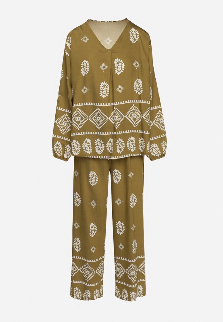 j&x Set Verde închis în Stil Rustic Bluză Lejeră și Pantaloni cu Vâscoză Emilaris